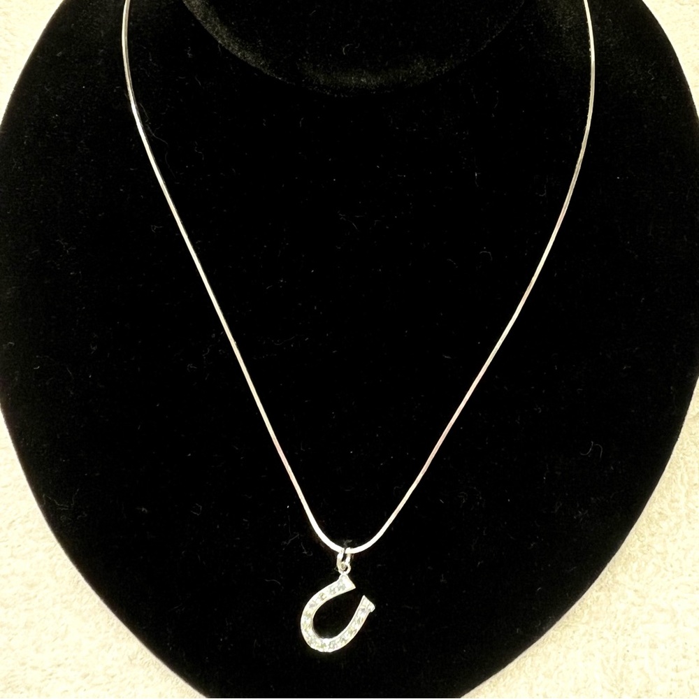 Elegant Light Blue CZ Horseshoe Pendant with Sterling Silver box chain.